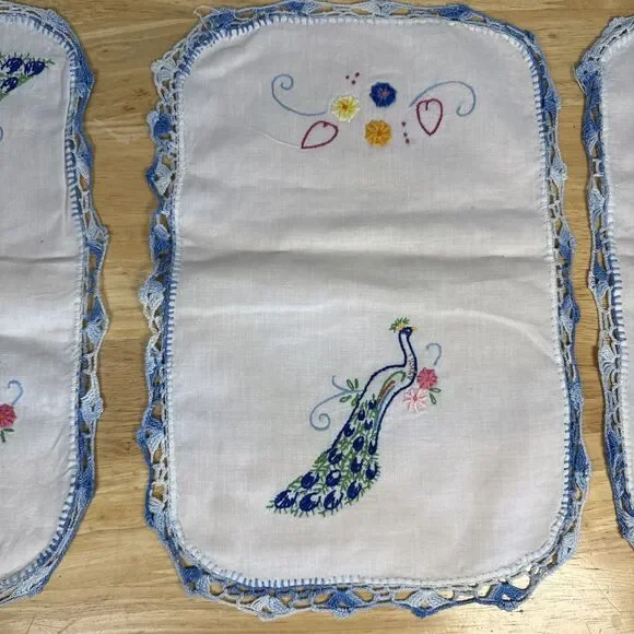 VTG Embroidered White Dresser Scarf Table Peacock Bird Flowers 39x14 Set Of 4 - Picture 6 of 16